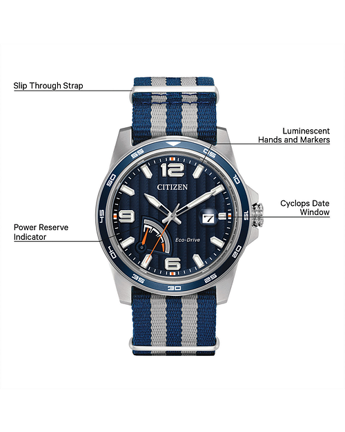 PRT- Men's Eco-Drive AW7038-04L Nylon Strap Blue Dial Watch | CITIZEN